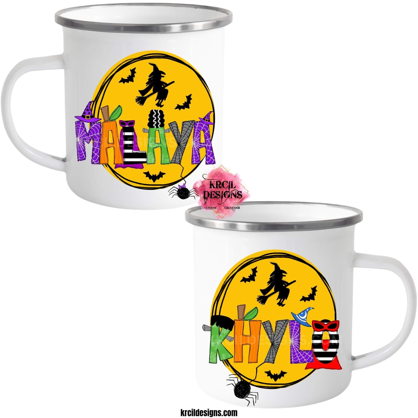 Halloween Personalized Coffee Mugs by KrcilDesigns.com | Graphic design on a white camp mug, features your name in Halloween patterned letters, made into the following characters: Frankenstein, the Bride of Frankenstein, pumpkin letters, witch and wizard hats, eerie spiders, and bewitching capes—all set against a backdrop of a mystical moon, flying witch, and bats.
