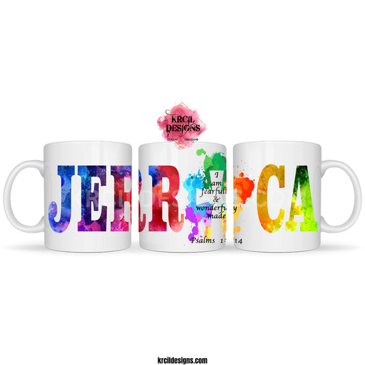 Personalized Coffee Mugs by Krcil Designs Featuring Your Name and Your Favorite Bible Verse on our Religious Mugs | Let our custom coffee cups do the talking with our collection of personalized mugs. Personalize It - add name, monogram, make a one-of-a-kind picture collage photo cup - the picture-perfect present! Add our dish cloth and dish towel set, perfectly paired with our coffee mugs. For the ultimate coffee lovers gift, explore our sets and bundles. Shop Coffee Mugs at KrcilDesigns.com