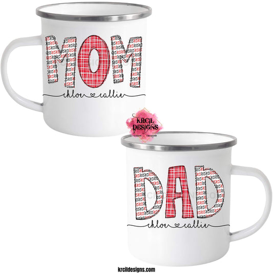 Your Family Name with Kids Names Valentines Personalized Coffee Mugs by KrcilDesigns.com | Graphic design on white camp mugs, features your name, with red plaid and XOXO patterned letters, featuring kids’ names handwritten below in script font with a heart in-between names.