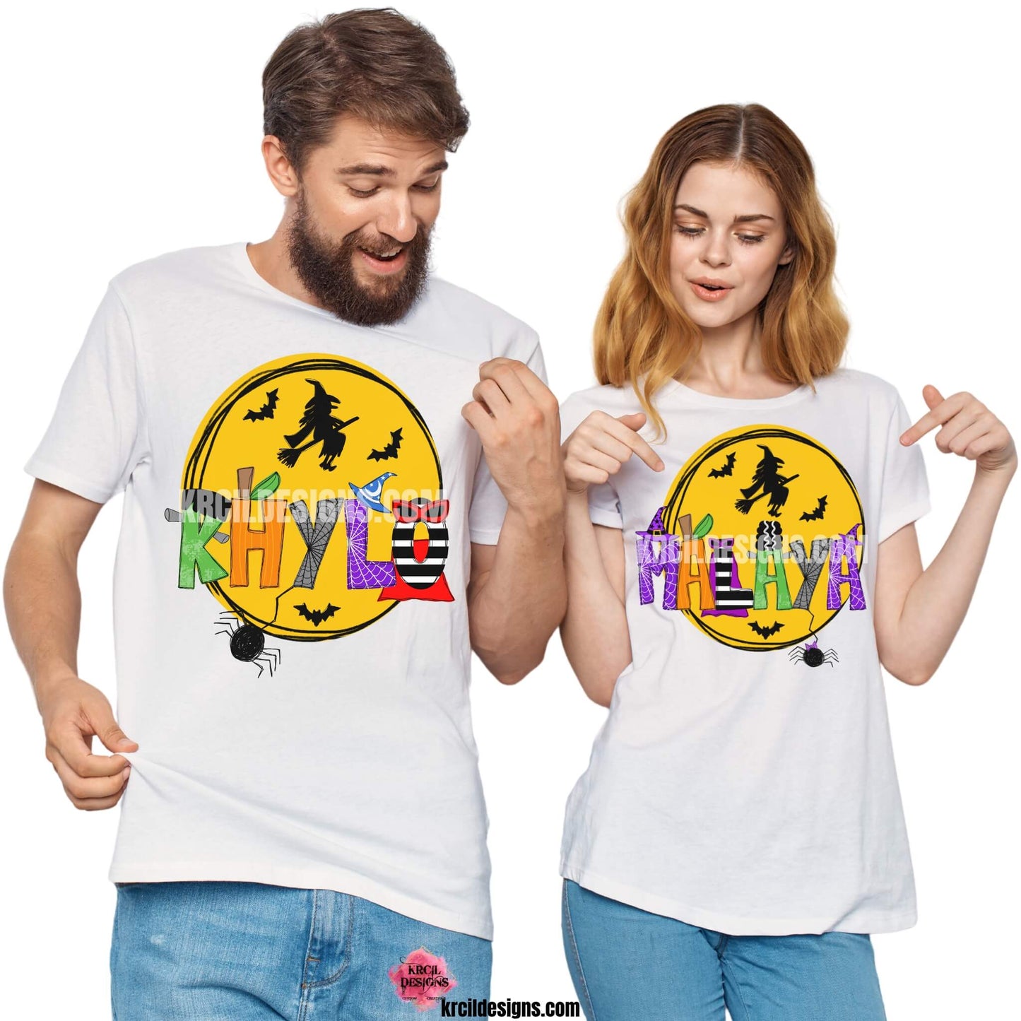 Halloween Personalized Name Shirts by KrcilDesigns.com | Graphic design on white t-shirts, features your name in Halloween patterned letters, made into the following characters: Frankenstein, the Bride of Frankenstein, pumpkin letters, witch and wizard hats, eerie spiders, and bewitching capes—all set against a backdrop of a mystical moon, flying witch, and bats.