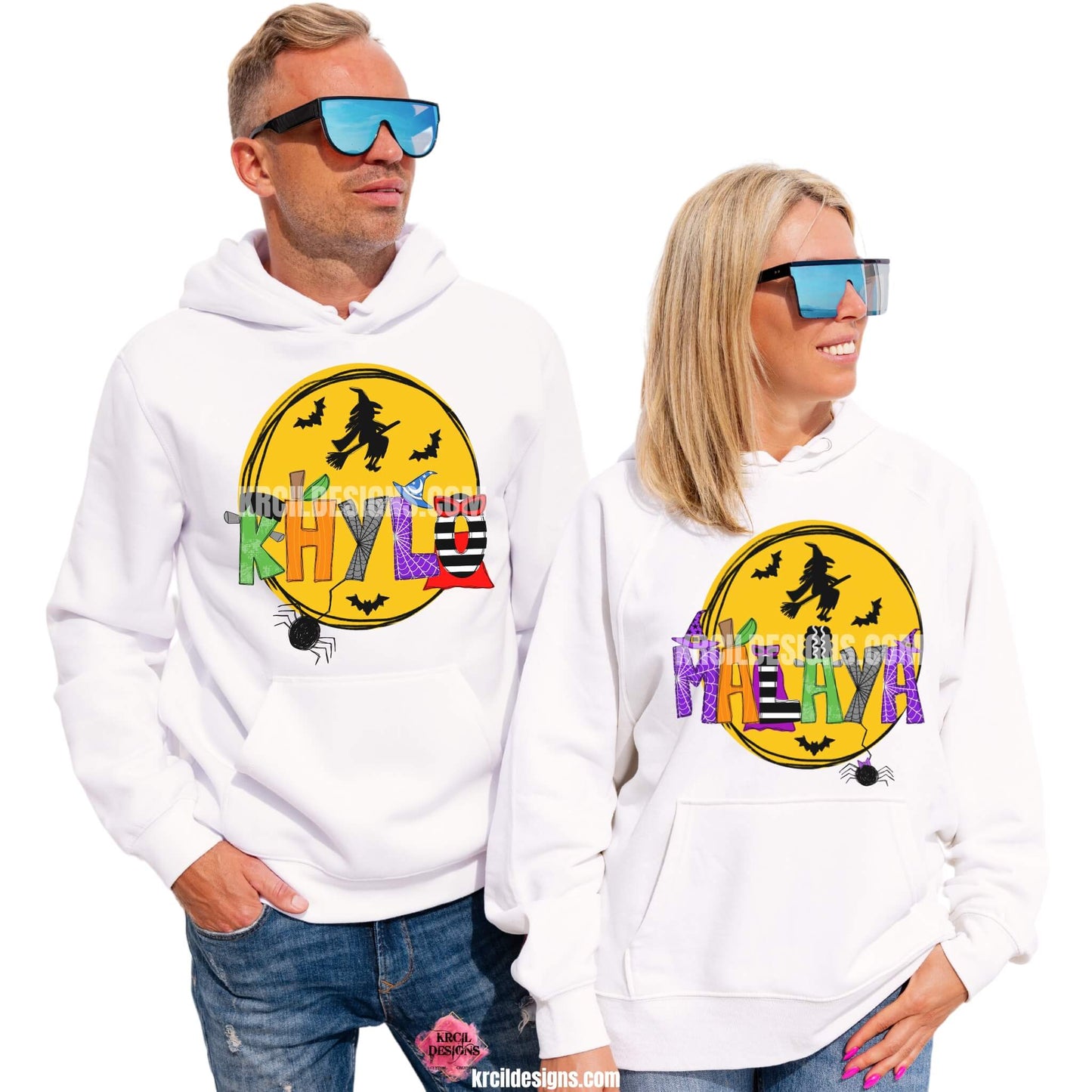 Halloween Personalized Name Shirts, Sweatshirts, Hoodies, by KrcilDesigns.com | Graphic design on white hoodies, features your name in Halloween patterned letters, made into the following characters: Frankenstein, the Bride of Frankenstein, pumpkin letters, witch and wizard hats, eerie spiders, and bewitching capes—all set against a backdrop of a mystical moon, flying witch, and bats.