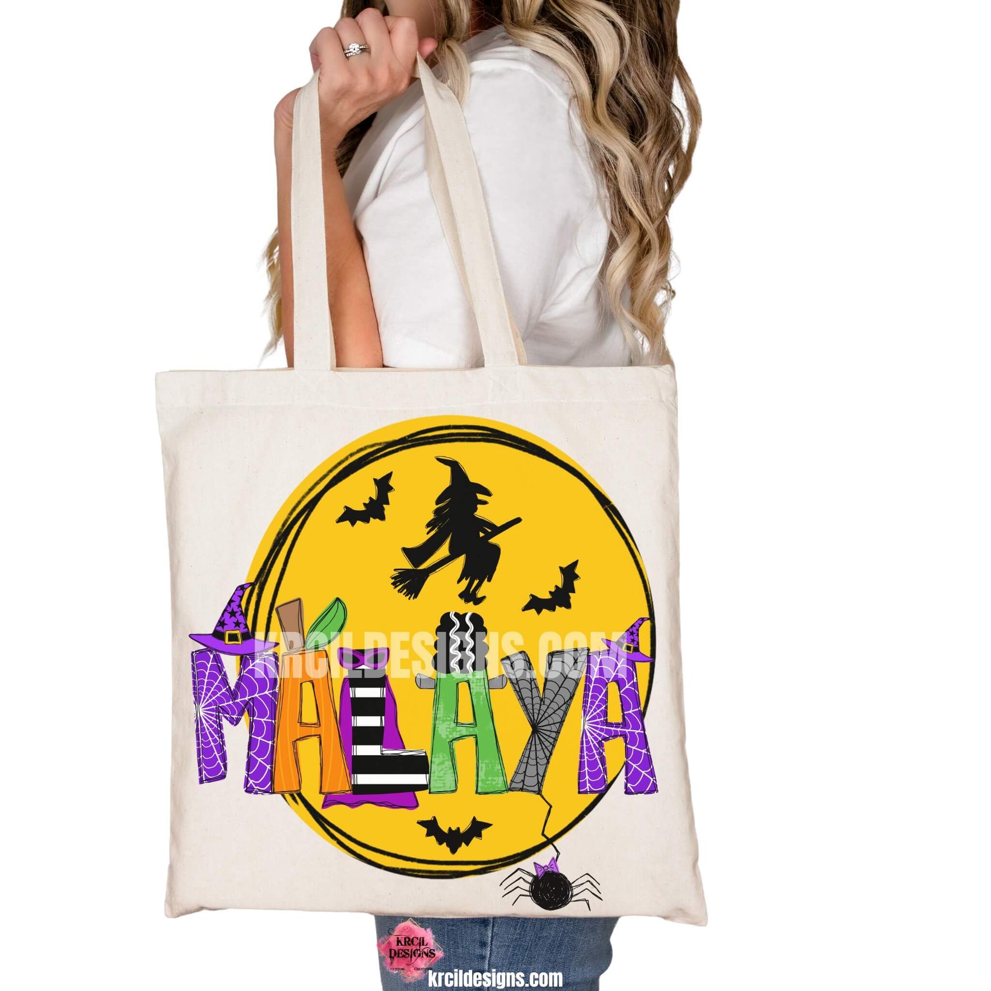 Halloween Personalized Tote Bags by KrcilDesigns.com | Graphic design on a canvas tote bag, features your name in Halloween patterned letters, made into the following characters: Frankenstein, the Bride of Frankenstein, pumpkin letters, witch and wizard hats, eerie spiders, and bewitching capes—all set against a backdrop of a mystical moon, flying witch, and bats.