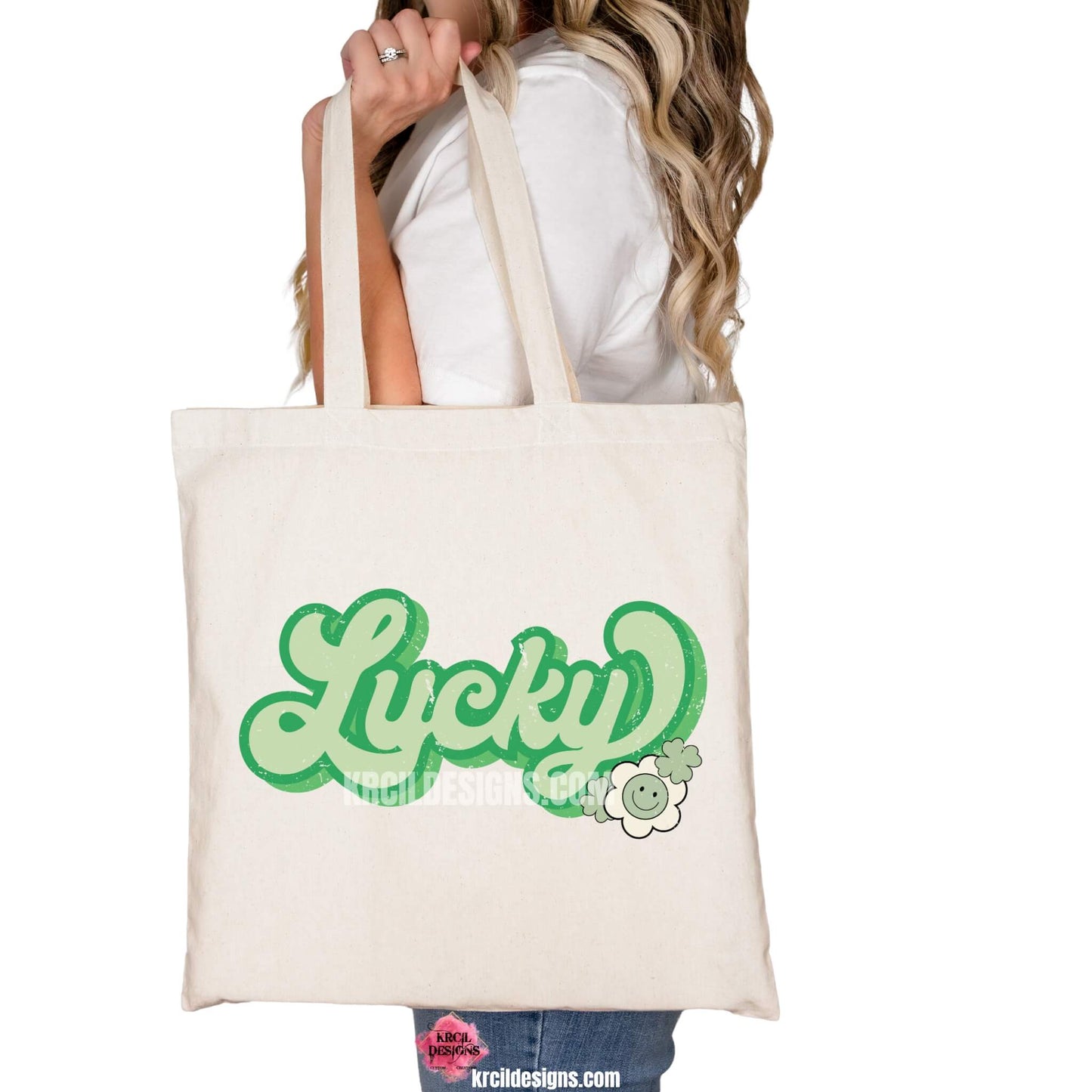 Lucky Shamrock St. Patrick's Day Retro Tote Bags by Krcil Designs | Make a fashion statement with our tote bags! Meet our shopper bags—your new sidekick! You know, the ones that always tag along and never lets you down—it's about to become your favorite fashion accessory! Perfect for grocery shopping or errands. Our graphics showcases the word LUCKY in bold retro style green letters, outlined in two shades of green, adorned with shamrocks and a smiley flower. Shop Tote Bags at KrcilDesigns.com