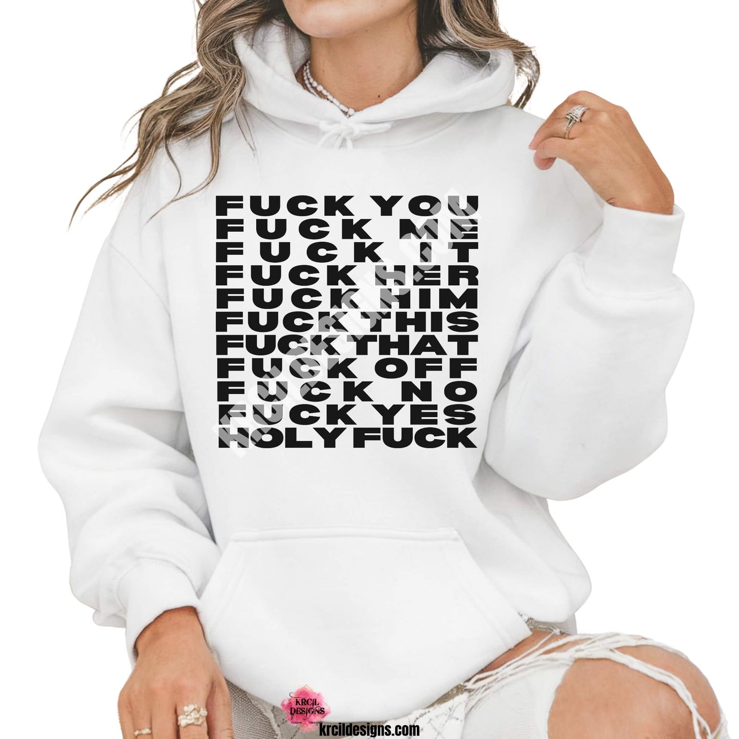 FU Me It Her Him This That Off No Yes HOLY F Sassy Sweatshirts by Krcil Designs | Make a fashion statement with our sweatshirts and hoodies! Our buttery soft cozy shirts will become your new weekend bestie! Run your errands in style with our matching tote bag! Introducing our sassy graphic design—because being unapologetically you has never looked this good! Shop Sweatshirts and Hoodies at KrcilDesigns.com