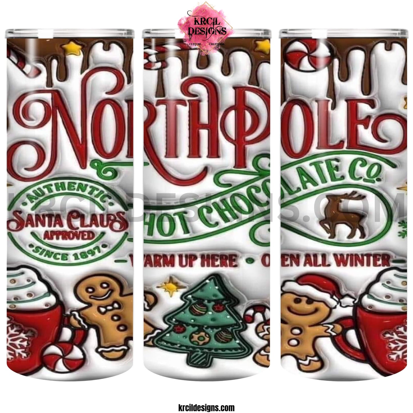 North Pole Hot Chocolate Christmas Tumbler by Krcil Designs | Indulge in the magic of the season with each sip, you'll be transported to the enchanting North Pole and filled with holiday cheer. | Let our tumbler cups do the talking with our collection of personalized tumblers. Personalize It - add name. Shop Christmas Tumblers at KrcilDesigns.com