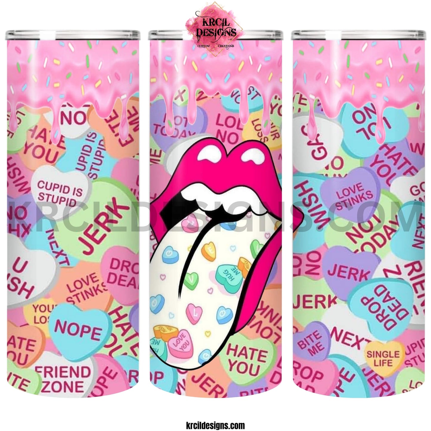 anti-Valentine's Day Sweetheart Candies Tumbler by Krcil Designs | Featuring the classic Valentine's Day candies with a twist. | Let our custom tumblers do the talking with our collection of personalized tumblers. Personalize It - add name, monogram, picture collage photo tumbler - the picture-perfect present! For the ultimate gift, add a t-shirt, or accessorize with a tote bag. Insulated stainless steel tumblers include a plastic slide top lid and metal/plastic straw. Shop Tumblers at KrcilDesigns.com