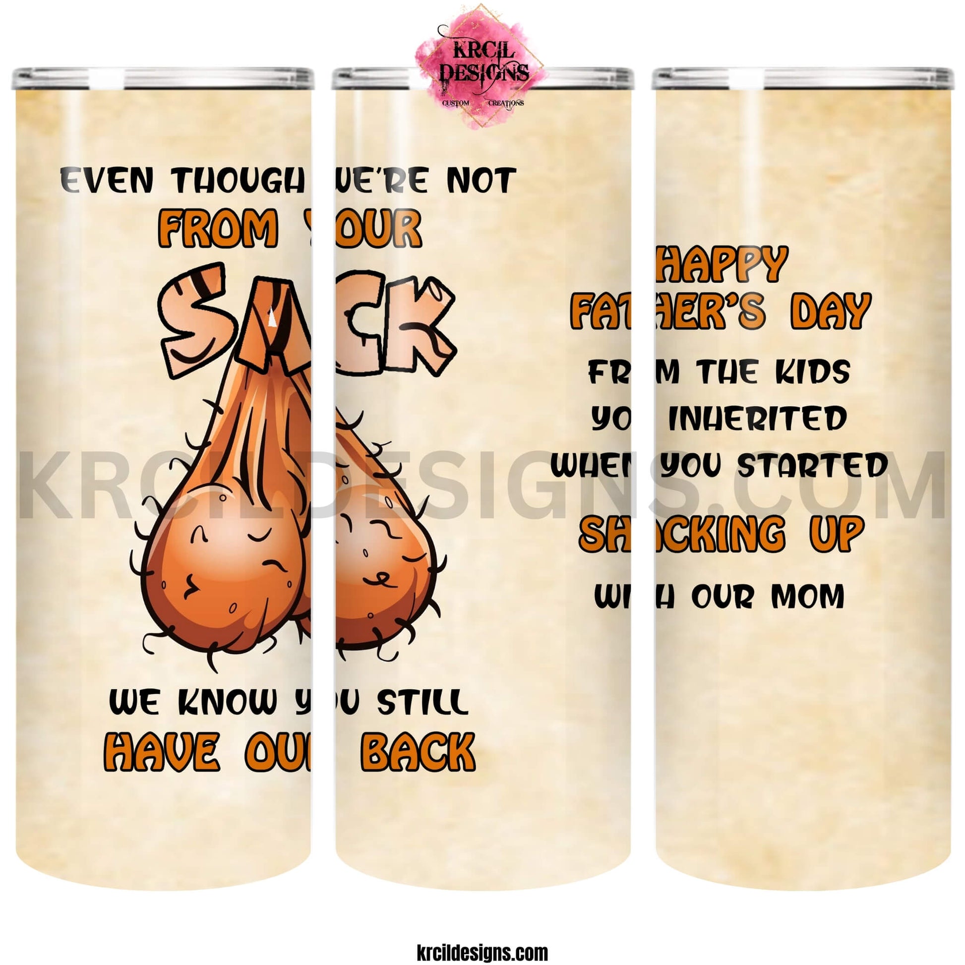 Bonus Dad Edition Ball Sack Personalized Tumbler by Krcil Designs | The perfect way to show those amazing bonus dads some extra love! | Let our custom tumblers do the talking with our collection of personalized tumblers. Personalize It: add name, monogram, picture collage photo tumbler - the picture-perfect present! For the ultimate gift, add t-shirt, or accessorize with a tote bag. Insulated stainless steel tumblers include a plastic slide top lid and metal/plastic straw. Shop Tumblers at KrcilDesigns.com