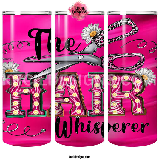 The Glamorous Hair Whisperer Personalized Tumbler by Krcil Designs | Featuring a pink backdrop and Hollywood bubble lights letters. | Let our custom tumblers do the talking with our collection of personalized tumblers. Personalize It: add name, monogram, picture collage photo tumbler - the picture-perfect present! For the ultimate gift, add a t-shirt, or accessorize with a tote bag. Insulated stainless steel tumblers include a plastic slide top lid and metal/plastic straw. Shop Tumblers at KrcilDesigns.com