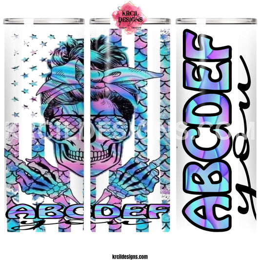 ABCDEF you Skull Tumbler by Krcil Designs | Featuring a Skull with a Messy Bun, giving two middle fingers. | Let our custom tumblers do the talking with our collection of personalized tumblers. Personalize It - add name, monogram, picture collage photo tumbler - the picture-perfect present! For the ultimate gift, add a t-shirt, or accessorize with a tote bag. Insulated stainless steel tumblers include a plastic slide top lid and metal or plastic straw. Shop Tumblers at KrcilDesigns.com