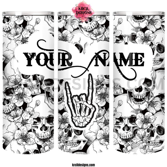 Rock-On Skulls Personalized Tumbler by Krcil Designs | Featuring a black/white skull pattern, a skeleton hand with the rock-on sign. | Let our custom tumblers do the talking with our collection of personalized tumblers. Personalize It: add name, monogram, picture collage photo tumbler - the picture-perfect present! For the ultimate gift, add a t-shirt, or accessorize with a tote bag. Insulated stainless steel tumblers include a plastic slide top lid and metal/plastic straw. Shop Tumblers at KrcilDesigns.com