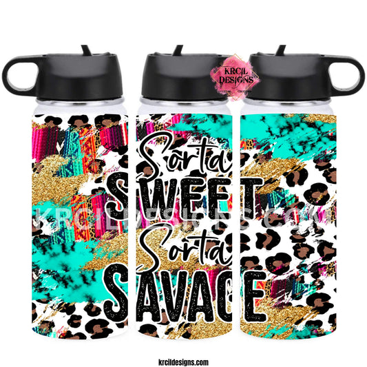 Sorta Sweet Sorta Savage Cheetah Print Water Bottle by Krcil Designs | Rise and Shine—Cheetah Print Lovers! Features a funny quote that's sure to perk up your day and start it with a smile! This custom water bottle features a bold and fierce cheetah print with a hint of country, it's bright and cheery—and it's perfect for all you wild cheetah print lovers out there! Give it a personal touch, add name, make it a one-of-a-kind personalized water bottle. Shop Cheetah Print Water Bottles at KrcilDesigns.com