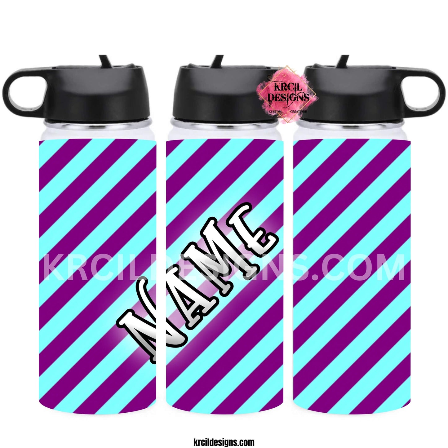 "The Diagonal Diva" Personalized Water Bottle by Krcil Designs | In violet purple and baby blue diagonal stripes. | Let our custom water bottles do the talking with our collection of personalized water bottles. Personalize It - add name, monogram, make a one-of-a-kind picture collage photo cup - the picture-perfect present! For the ultimate gift, add a t-shirt, or accessorize with a custom tote bag. Insulated stainless steel water bottles include 2 lids-wide mouth/flip top straw. Shop KrcilDesigns.com