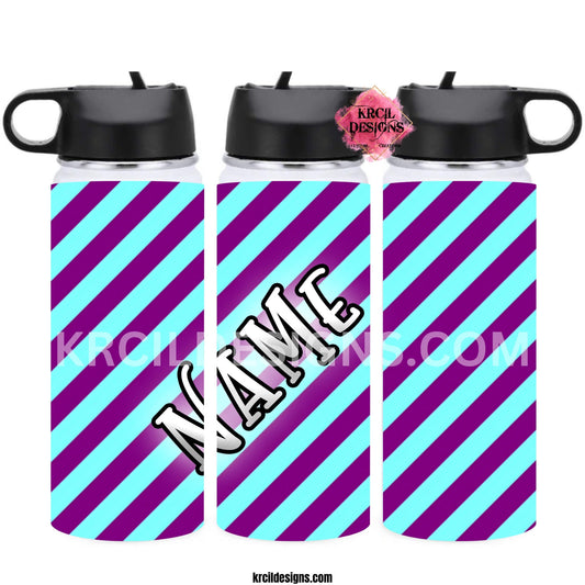 "The Diagonal Diva" Personalized Water Bottle by Krcil Designs | In violet purple and baby blue diagonal stripes. | Let our custom water bottles do the talking with our collection of personalized water bottles. Personalize It - add name, monogram, make a one-of-a-kind picture collage photo cup - the picture-perfect present! For the ultimate gift, add a t-shirt, or accessorize with a custom tote bag. Insulated stainless steel water bottles include 2 lids-wide mouth/flip top straw. Shop KrcilDesigns.com