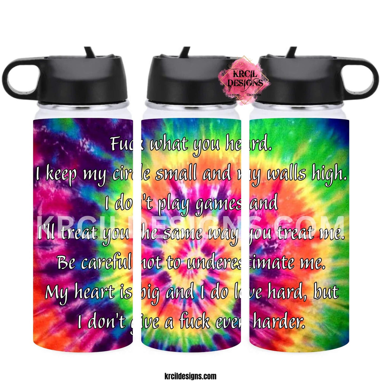 Tie-Dye Funny Quote Fuck Water Bottle by Krcil Designs | It's hippie vibes, it's tie-dye for real, baby! The groovy tie-dye pattern will make you feel like you're tripping on flower power. | Let our custom water bottles do the talking with our collection of personalized water bottles. Personalize It - add name, monogram. For the ultimate gift, add a t-shirt, or accessorize with a custom tote bag. Insulated stainless steel water bottles include 2 lids-wide mouth/flip top straw. Shop KrcilDesigns.com