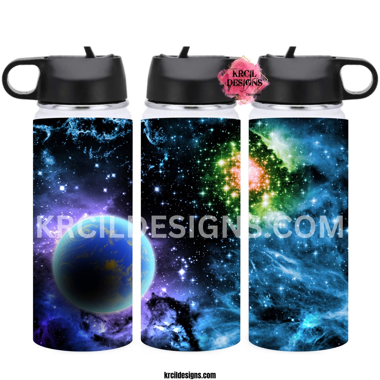 Galaxy, Space, Planets, & Stars, Personalized Water Bottle by Krcil Designs | Get ready for an out-of-this-world universal masterpiece! With a cosmic pattern that'll leave you starstruck! | Let our custom water bottles do the talking with our collection of personalized water bottles. Personalize It - add name, monogram. For the ultimate gift, add a t-shirt, accessorize with a tote bag. Insulated stainless steel water bottles include 2 lids-wide mouth/flip top straw. Shop Water Bottles at KrcilDesigns.com