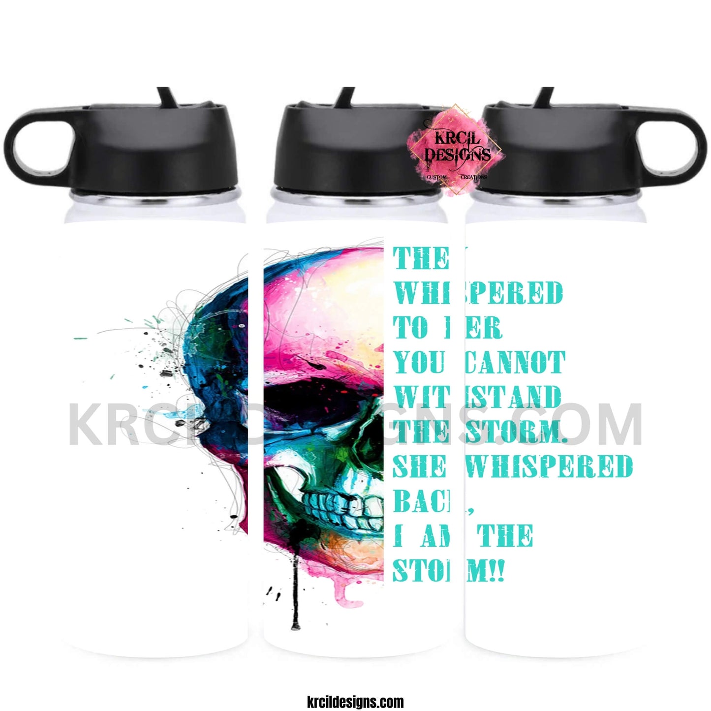 I Am The Storm Quote Skull Water Bottle by Krcil Designs | Hydrate with courage and strength with our Skull Water Bottle! This custom water bottle features a colorful watercolor skull and the I Am The Storm Quote. This hydro water bottle is the ultimate in skull gifts for the skull lover in your life! Add a personal touch, add name, your favorite skull quotes, for a one-of-a-kind personalized water bottle. Shop Skull Gifts at KrcilDesigns.com