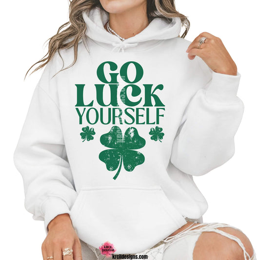 Go Luck Yourself Shamrock St. Patrick's Day Sweatshirt by Krcil Designs | Make a fashion statement with our sweatshirts and hoodies! Our buttery soft cozy shirts will become your new weekend bestie! Get your green on this St. Patty's Day! Run your errands in style with our St. Patty's Day tote bag! Our graphics showcases distressed green shamrocks and the words "GO LUCK YOURSELF" in green bold letters. Shop Sweatshirts and Hoodies at KrcilDesigns.com