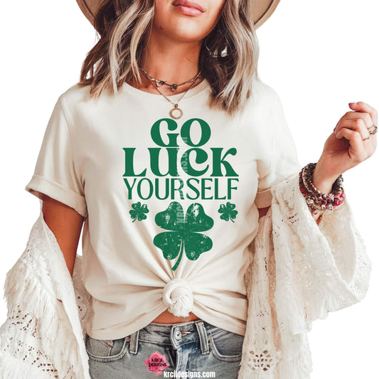 Go Luck Yourself Shamrock St. Patrick's Day T-Shirt by Krcil Designs | Make a fashion statement with our graphic tees t-shirts! Our buttery soft cozy tees will become your new weekend bestie! Get your green on this St. Patty's Day! Run your errands in style with our St. Patty's Day tote bag! Our graphics showcases distressed green shamrocks and the words "GO LUCK YOURSELF" in green bold letters. Shop Graphic Tees T-Shirts at KrcilDesigns.com