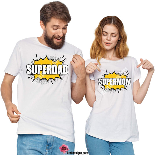 Superhero Tees by KrcilDesigns.com | Graphic design on white t-shirts, featuring a bold comic book-style graphic in center, showcases a bright yellow explosion shape with sharp black jagged edges and a dotted halftone pattern around the perimeter, in the middle of the explosion, in all caps text that reads: "SUPERDAD" or "SUPERMOM" with thick, bold white letters outlined in black. The design captures an energetic, superhero vibe, celebrating dads and moms as powerful and unstoppable.
