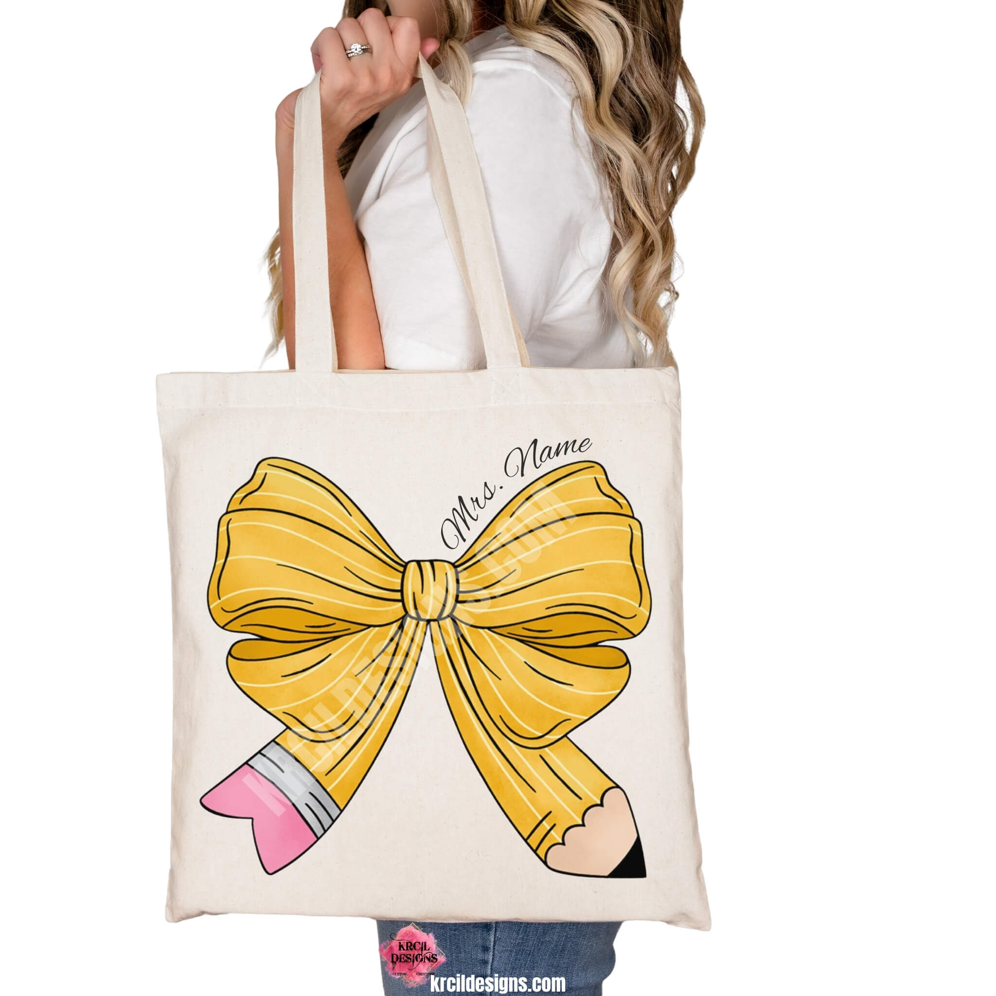 Coquette Bow Tote Bags by KrcilDesigns.com | Graphic design on a canvas tote bag, a coquette bow in a pencil pattern design, features your name, curved around top of bow in a black script font that reads: