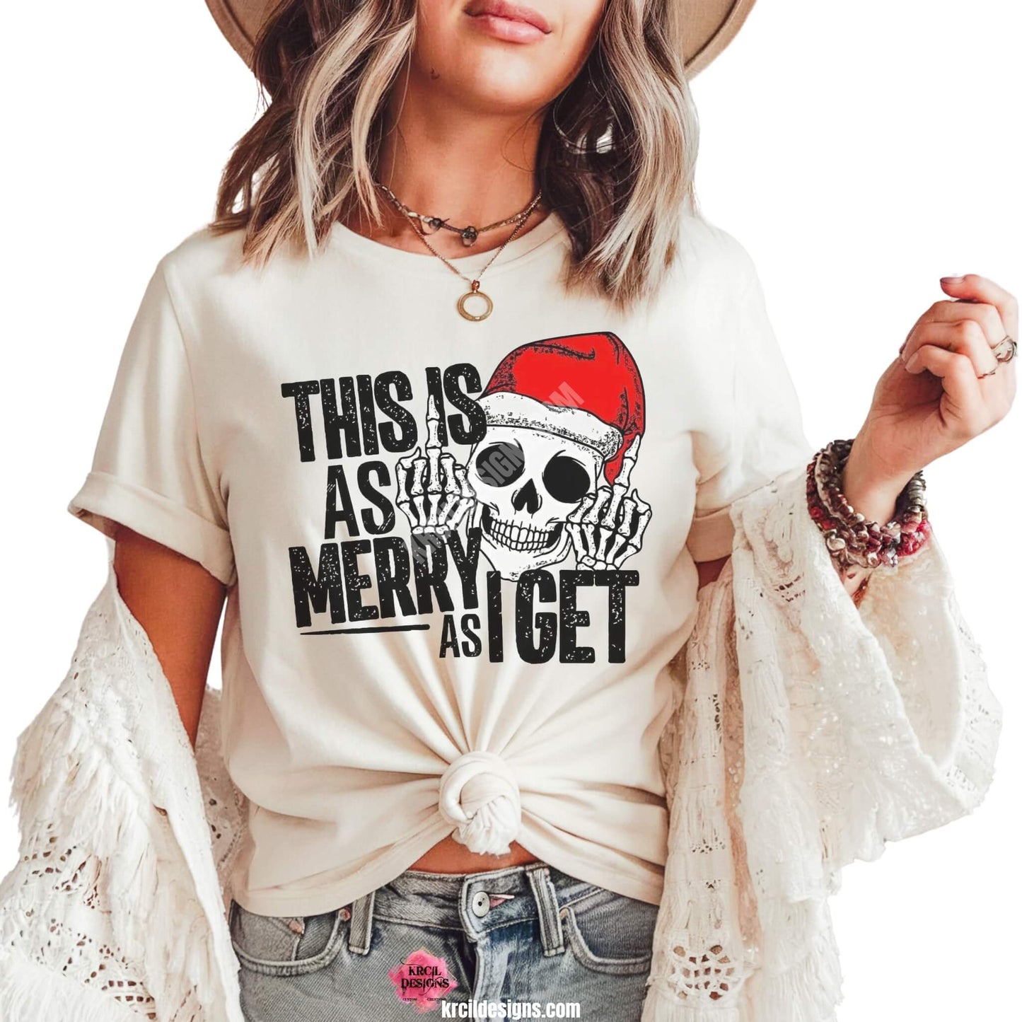 This Is As Merry As I Get Christmas T-Shirt by Krcil Designs | Make a fashion statement with our Christmas Tees! Our buttery soft cozy tees will become your new weekend bestie! Dress to impress with clothes that have laugh-out-loud jokes—Introducing our Santa Skull funny t-shirt. This holiday season, celebrate in style with Christmas t-shirts for family—perfect for family photos! Shop Funny Christmas Gifts at KrcilDesigns.com