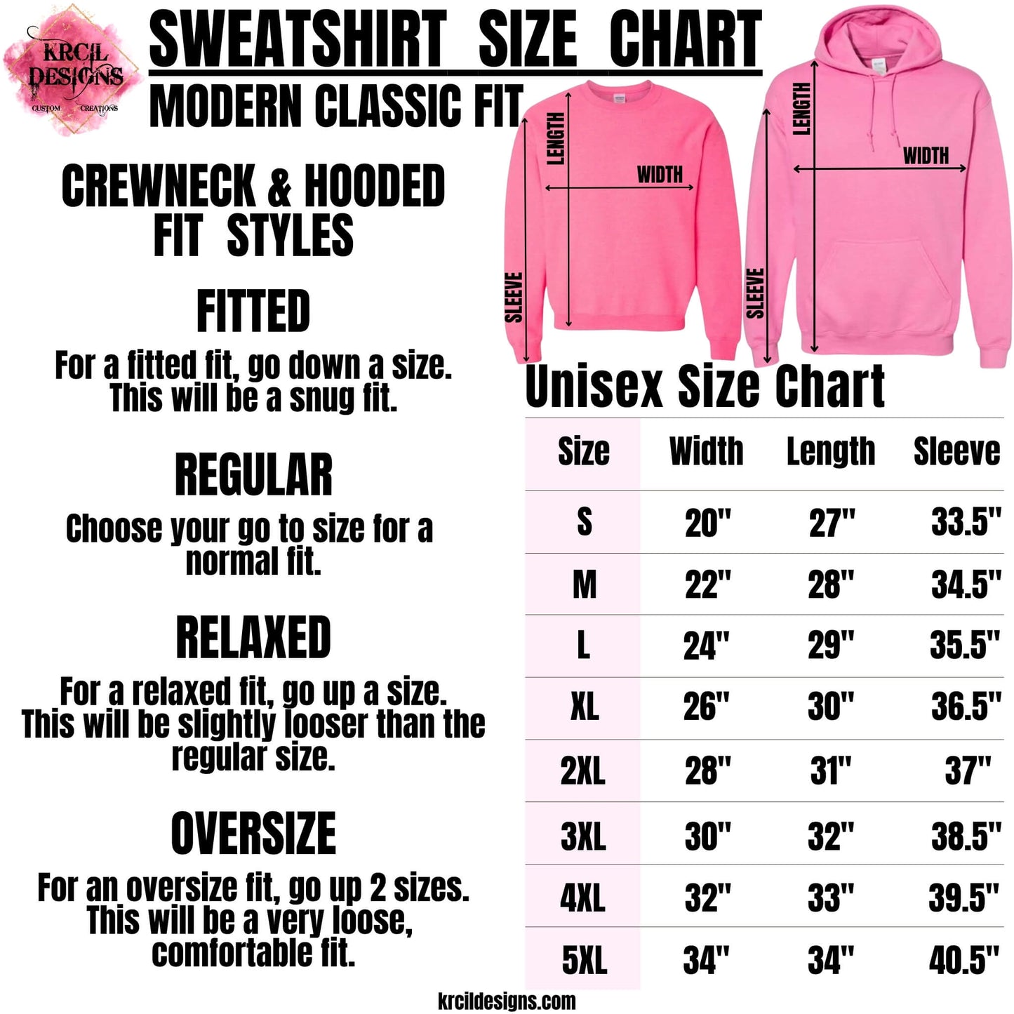 Unisex Apparel Hoodies and Crewneck Sweatshirts Size Chart | Our unisex apparel, graphic tees t-shirts, hoodies, sweatshirts, are soft, cozy, made of a cotton/poly blend, and we offer a wide selection of colors and styles. Sizes: XS, S, M, L, XL, 2XL, 3XL | Design Your Own with Krcil Designs!
KrcilDesigns.com