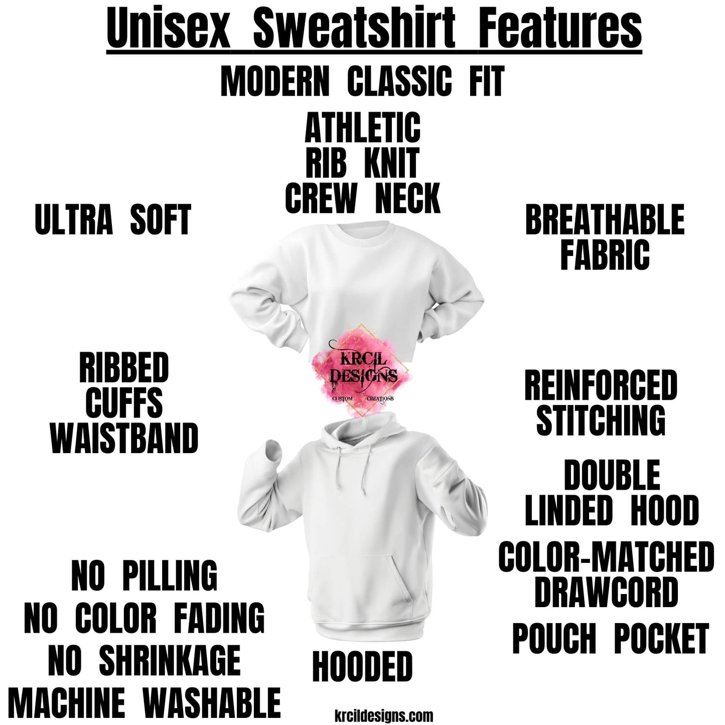 Unisex Apparel Hoodies and Crewneck Sweatshirts Features and Benefits Products Chart | Our unisex apparel, graphic tees t-shirts, hoodies, sweatshirts, are soft, cozy, made of a cotton/poly blend, and we offer a wide selection of colors and styles. | Design Your Own with Krcil Designs!
KrcilDesigns.com