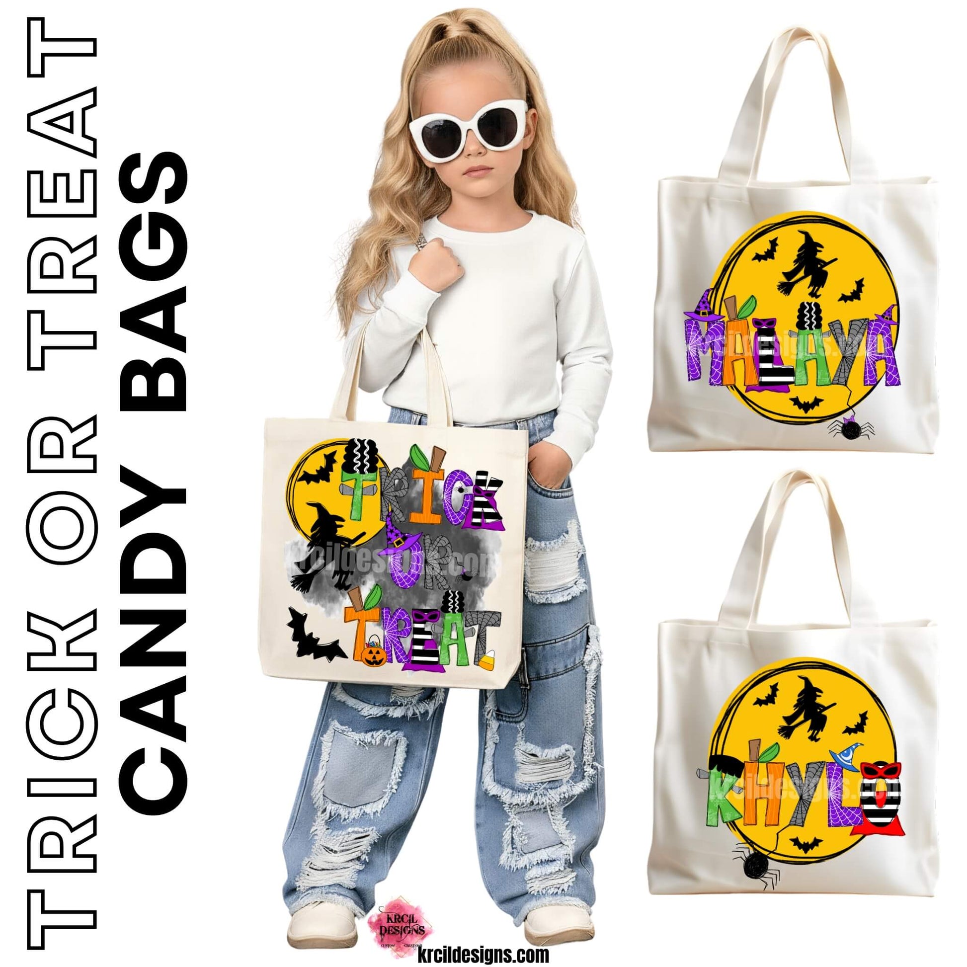 Halloween Personalized Tote Bags by KrcilDesigns.com | Graphic design on a canvas tote bag, features your name in Halloween patterned letters, made into the following characters: Frankenstein, the Bride of Frankenstein, pumpkin letters, witch and wizard hats, eerie spiders, and bewitching capes—all set against a backdrop of a mystical moon, flying witch, and bats.