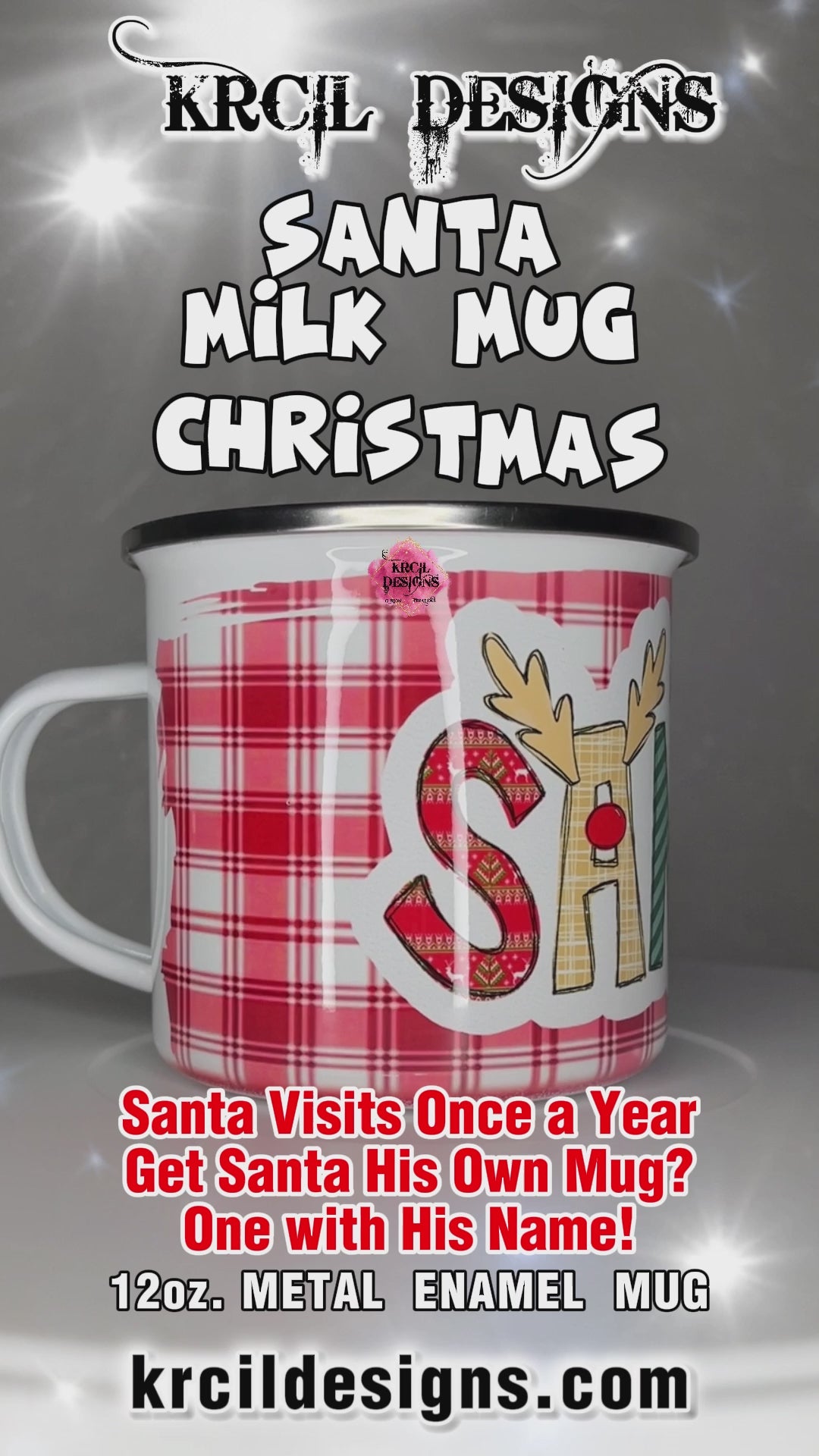 Santa Mugs | Santa Milk Mugs | Christmas Mugs by Krcil Designs | Add a dash of Christmas Magic to the little ones' holiday traditions with our Santa Mugs! Santa only visits once a year, so why not get Santa his very own Santa milk mug? One with his name on it! Our milk for Santa mug, is adorned in red and white plaid and features Santa's name in our festive holiday letters. So, this Christmas Eve give Santa his own Christmas Mug with his cookies. Shop Christmas Mugs at KrcilDesigns.com