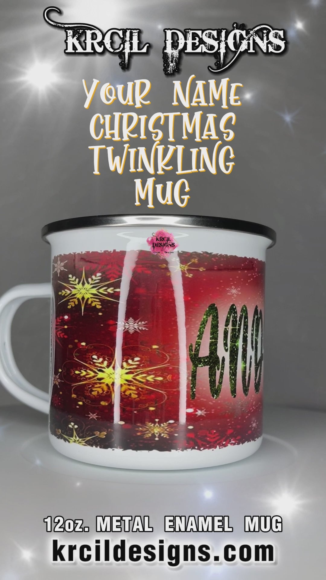 Your Name Twinkling Personalized Christmas Mugs by Krcil Designs | This Christmas mug has a vibrant Christmas red backdrop, intricate snowflakes, golden Christmas stars, setting the stage for a magical holiday season. Your name, in Christmas green faux glitter letters, adds a personalized touch that's absolutely gorgeous. Whether you're sipping hot cocoa, coffee, tea, or favorite holiday beverage, get ready to be captivated by the beauty of the Christmas season! Shop Christmas Mugs at KrcilDesigns.com