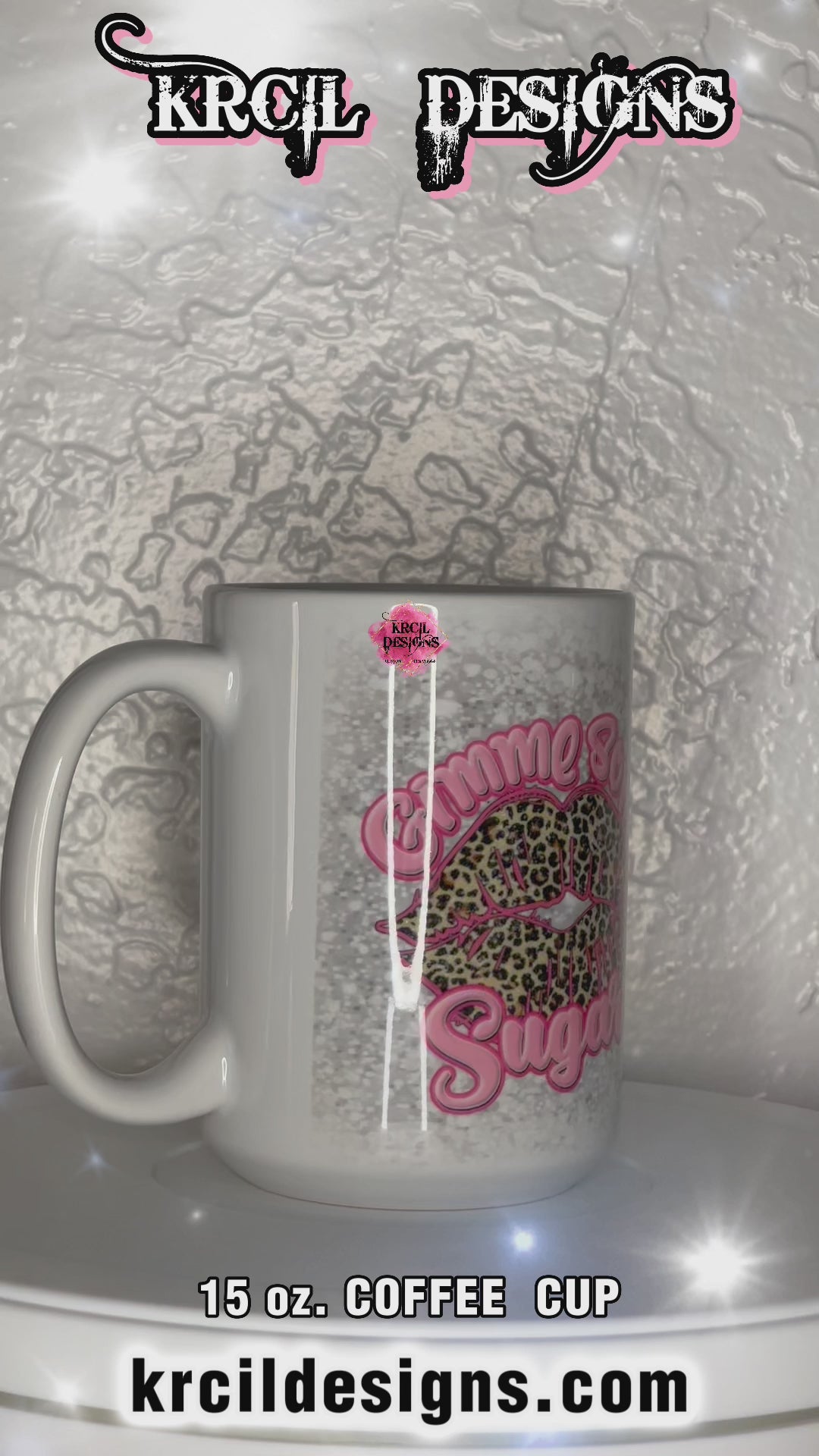 Funny Coffee Mugs by Krcil Designs | "Gimme Some Sugar" Indulge in your wild side with our fierce and fabulous cheetah print lips! This cute mug is perfect for the fashion-forward caffeine addict who likes to make a statement! The silver faux glitter background adds a touch of glamour, while the bold cheetah print lips make it clear that you mean business! Shop Coffee Mugs at KrcilDesigns.com