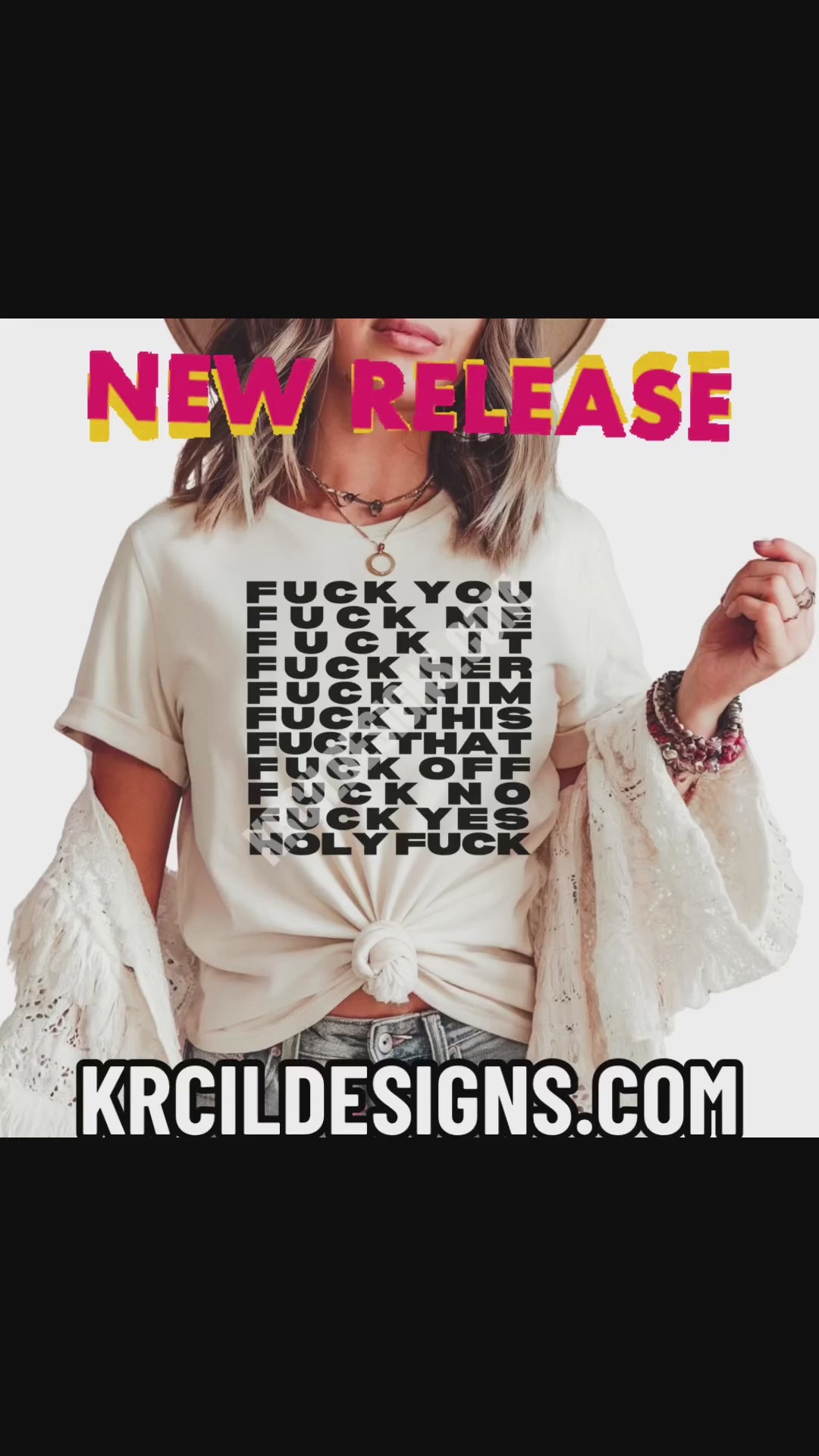 Sassy Graphic Tees T-Shirts by KrcilDesigns.com | Graphic design on a white t-shirt, featuring bold black text that reads: "FU Me It Her Him This That Off No Yes Fuck" Video of All Our Colors with Graphic Design on each.
