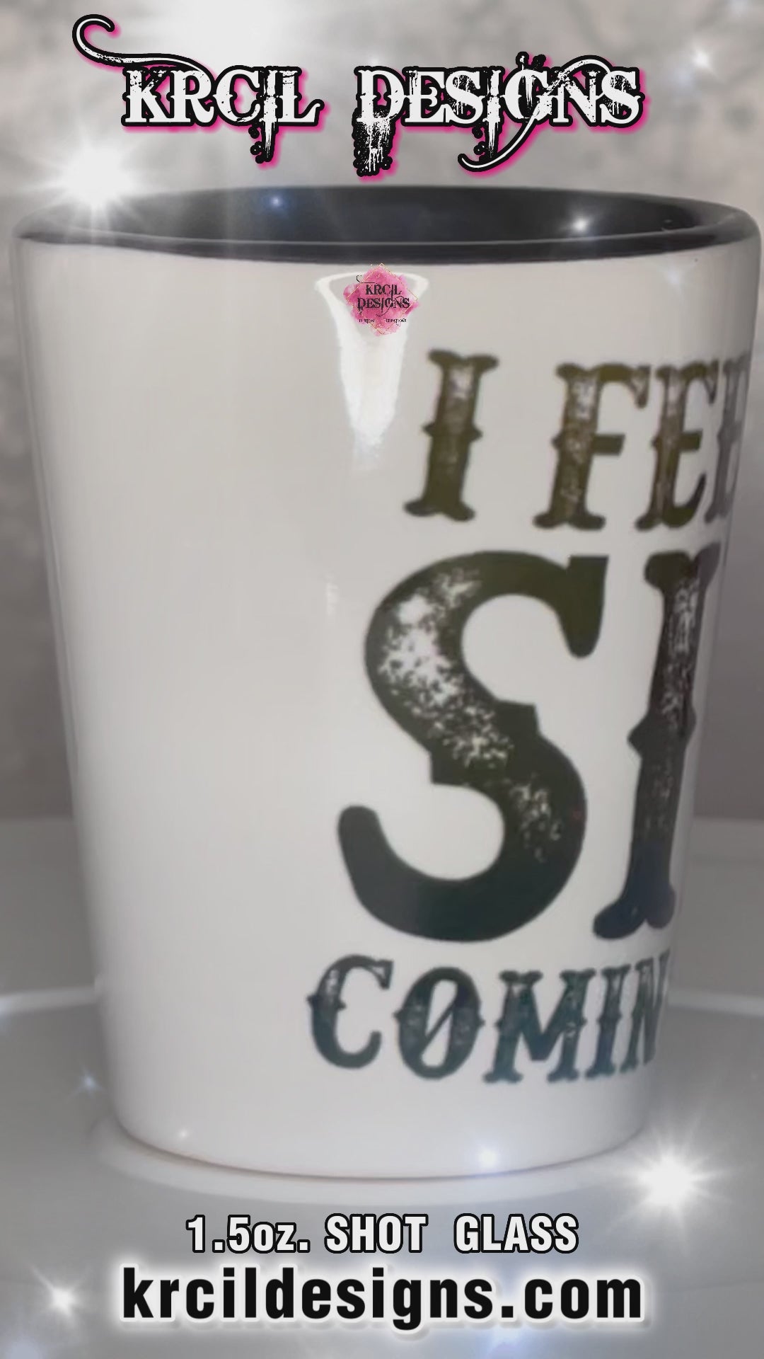 "I Feel a Sin Coming On" Shot Glass by Krcil Designs | Get ready to toast to the good times with our custom personalized shot glasses, perfect for the man cave. Pair them with your favorite bottle of liquor and put them in a basket for the ultimate gift. Don't forget to add the matching dish cloth tea towel set! Explore our sets and bundles options for gift ideas. Perfect for birthdays and holidays. Two toned, black interior, white exterior, ceramic shot glass. KrcilDesigns.com