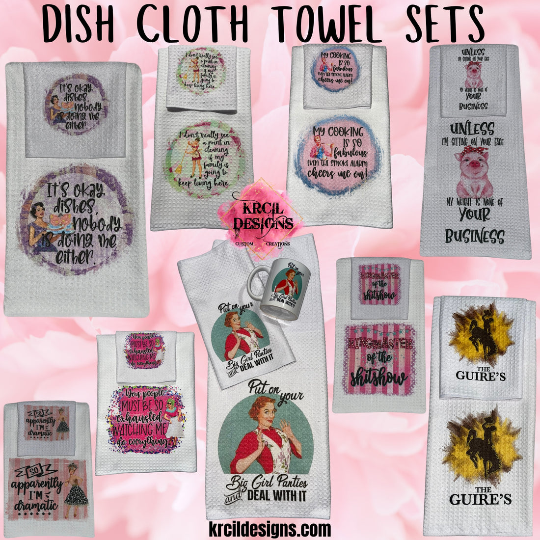 Decorate Your Kitchen with our Decorative Kitchen Towels! From funny dish towel sayings, to funny tea towels, personalized kitchen towels, recipe towels, last name towels, monogrammed towels. We have them all! Design Your Own at KrcilDesigns.com