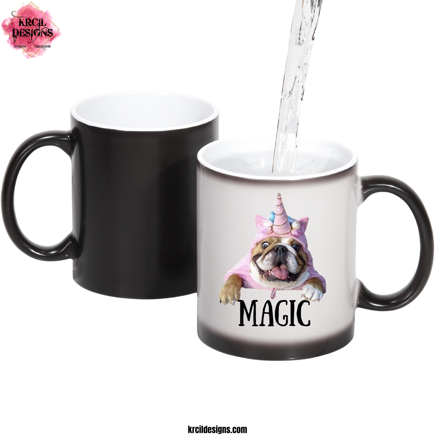 Magic Mugs are color change coffee cups, when you add hot liquid, they change from black to white, revealing your design, it’s like magic. Add our dish cloth tea towel set. For the ultimate coffee lovers gift, explore our sets and bundles.KrcilDesigns.com