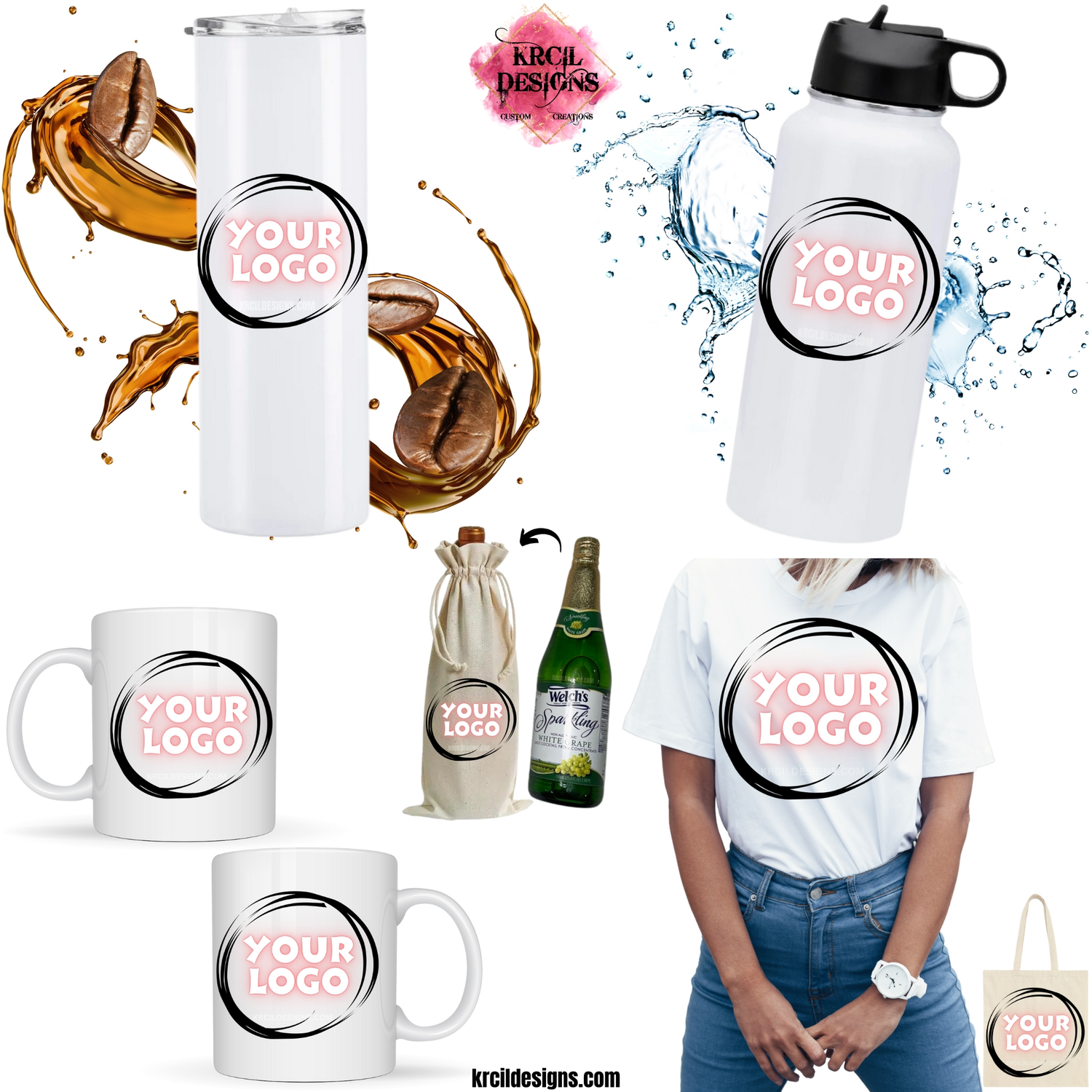 Promotional Products by Krcil Designs | Our logo products—logo t-shirts—logo tote bags—logo coffee cups—logo mugs—logo water bottles—logo tumblers—logo wine bags—logo beer mugs—logo shot glasses. Shop Business Promotional Products at KrcilDesigns.com