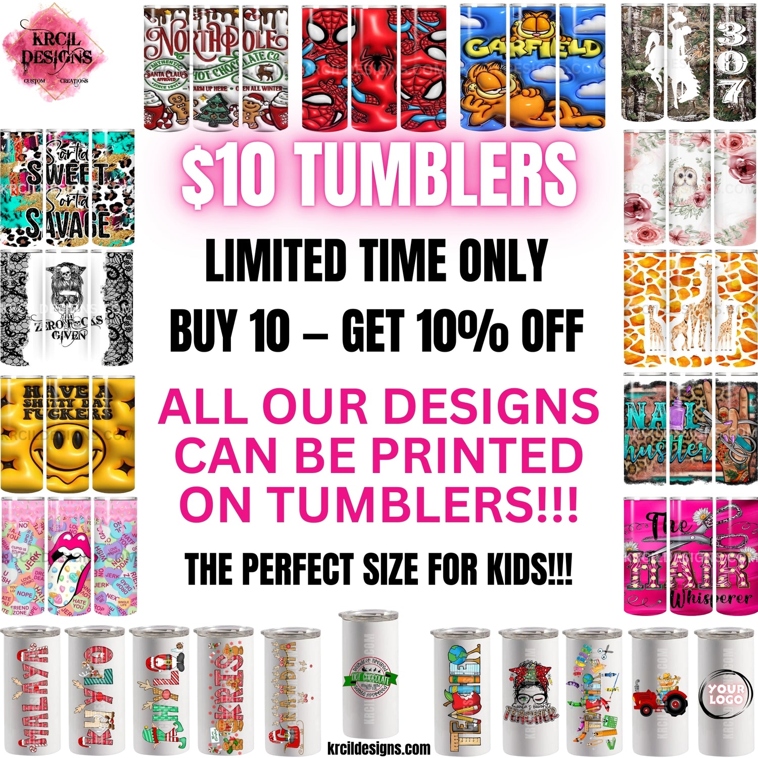 $10 12oz. Tumblers Cups Sale | Design Your Own Tumblers with Krcil Designs! | Let our custom tumblers do the talking with our collection of personalized tumblers with names to a photo tumbler, make a one-of-a-kind picture collage photo tumbler - the picture-perfect present! Brand your business with our custom logo tumbler they make great business promotional products. Insulated stainless steel tumbler cup include a plastic slide top lid and metal or plastic straw. Customize yours at KrcilDesigns.com