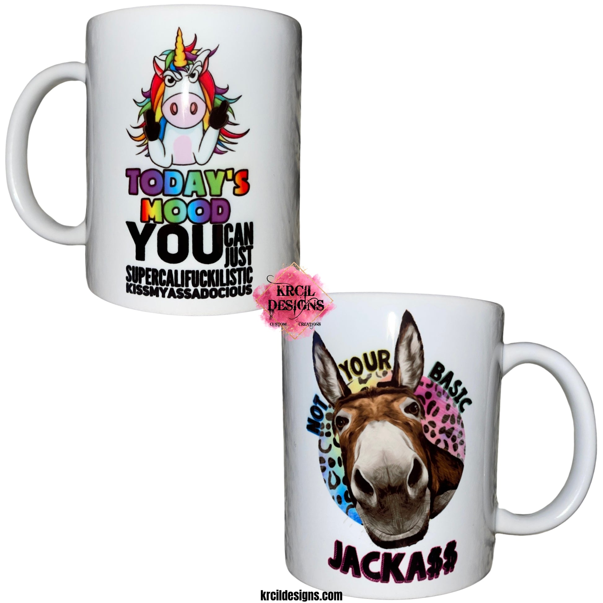 Unicorn "Today's Mood" | Donkey "Not Your Basic Jackass" | Uni-Donk Duo Coffee Cup by Krcil Designs | Let our custom coffee cups do the talking with our collection of personalized coffee cups. Personalize It - add name, monogram, make a one-of-a-kind picture collage photo cup - the picture-perfect present! Add our dish cloth and tea towel set, perfectly paired with our cups and mugs. For the ultimate coffee lovers gift, explore our sets and bundles. KrcilDesigns.com