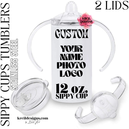 krcil designs custom sippy cup, 12oz design your own cup tumbler graphic design, includes 2 lids text with sippy handle lid and twist-on slide-top lid, clear plastic handles and lids on white stainless steel bottle, name personalized toddler gift, gillette wyoming