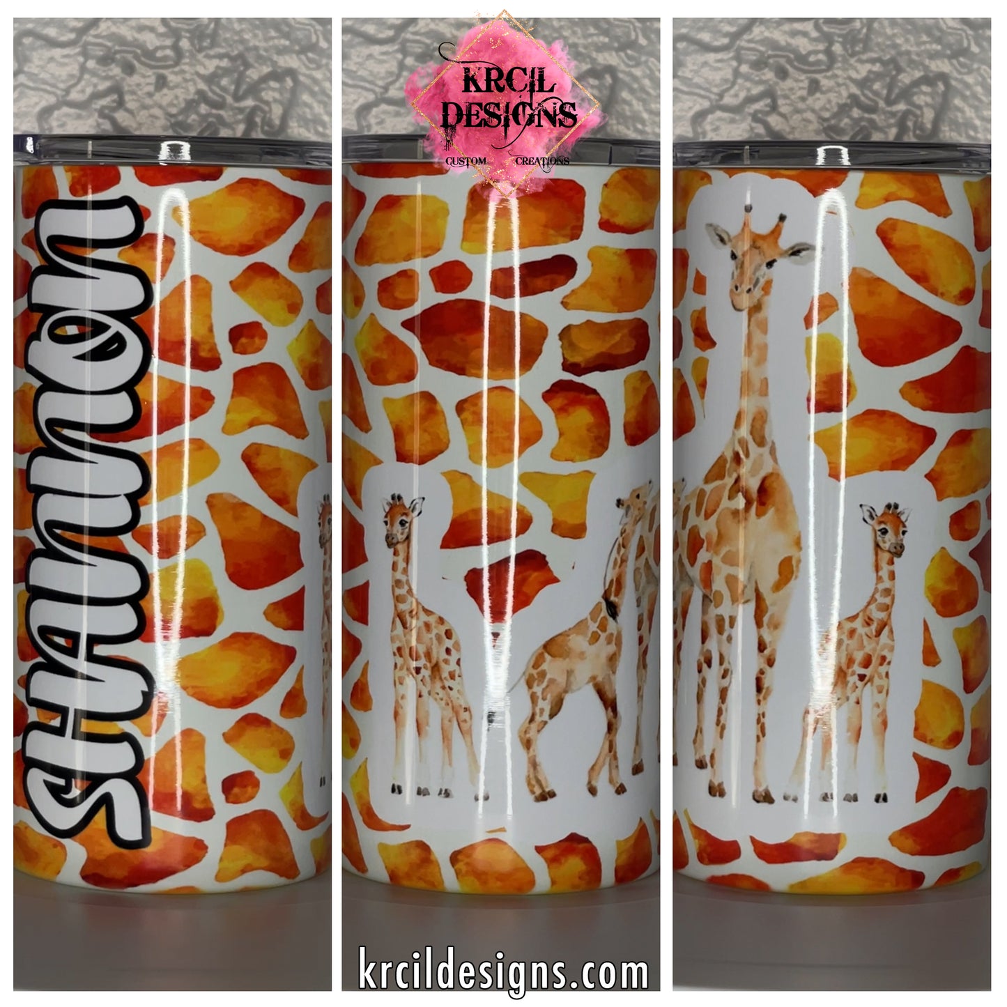 Giraffe Print Giraffe Tumbler by Krcil Designs | Get ready to stick your neck out for this Giraffe-Tastic Giraffe Tumbler! This custom tumbler is adorned with a gorgeous family of watercolor giraffes and wrapped in a giraffe print pattern, it's the neck above the competition! Give it a personal touch, add name or quote, and make it a one-of-a-kind personalized tumbler. This coffee tumbler is the ultimate in Giraffe Gifts! Shop Custom Tumblers at KrcilDesigns.com