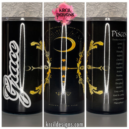 Pisces Constellation Dreams | Pisces Zodiac Personalized Tumbler by Krcil Designs | Let our custom tumblers do the talking with our collection of personalized tumblers. Personalize It - add name, monogram, picture collage photo tumbler - the picture-perfect present! For the ultimate gift, add a t-shirt, or accessorize with a custom tote bag. Insulated stainless steel tumblers include a plastic slide top lid and metal or plastic straw. KrcilDesigns.com