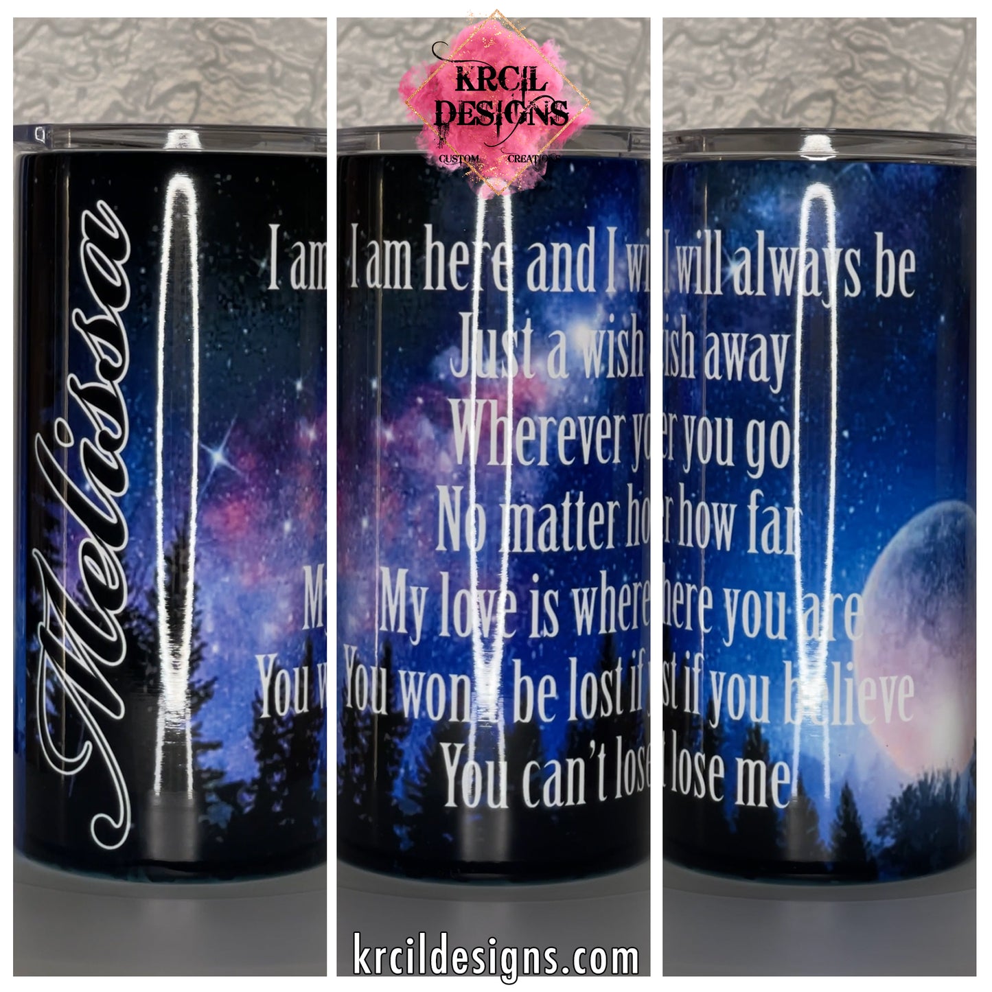 Starry Night Moon Scene with Saying Personalized Tumbler by Krcil Designs | Featuring a nighttime starry sky, full moon, majestic trees. | Let our custom tumblers do the talking with our collection of personalized tumblers. Personalize It - add name, monogram, picture collage photo tumbler - the picture-perfect present! For the ultimate gift, add a t-shirt, or accessorize with a custom tote bag. Insulated stainless steel tumblers include a plastic slide top lid and metal or plastic straw. KrcilDesigns.com