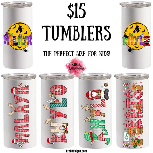 $15 12oz. Tumblers Cups Sale | Design Your Own Tumblers with Krcil Designs! | Let our custom tumblers do the talking with our collection of personalized tumblers with names to a photo tumbler, make a one-of-a-kind picture collage photo tumbler - the picture-perfect present! Brand your business with our custom logo tumbler they make great business promotional products. Insulated stainless steel tumbler cup include a plastic slide top lid and metal or plastic straw. Customize yours at KrcilDesigns.com