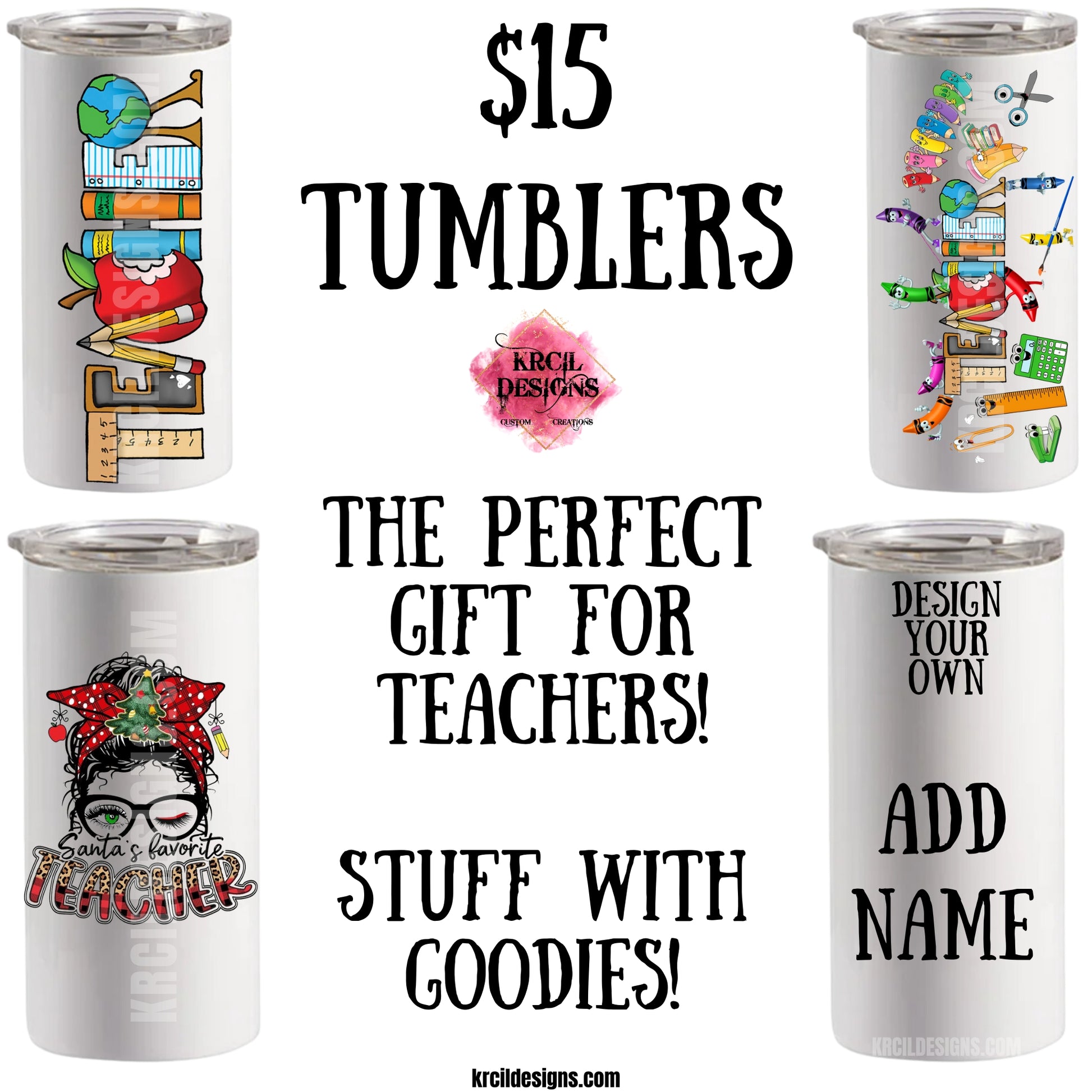 $15 12oz. Tumblers Cups Sale | Design Your Own Tumblers with Krcil Designs! | Let our custom tumblers do the talking with our collection of personalized tumblers with names to a photo tumbler, make a one-of-a-kind picture collage photo tumbler - the picture-perfect present! Brand your business with our custom logo tumbler they make great business promotional products. Insulated stainless steel tumbler cup include a plastic slide top lid and metal or plastic straw. Customize yours at KrcilDesigns.com