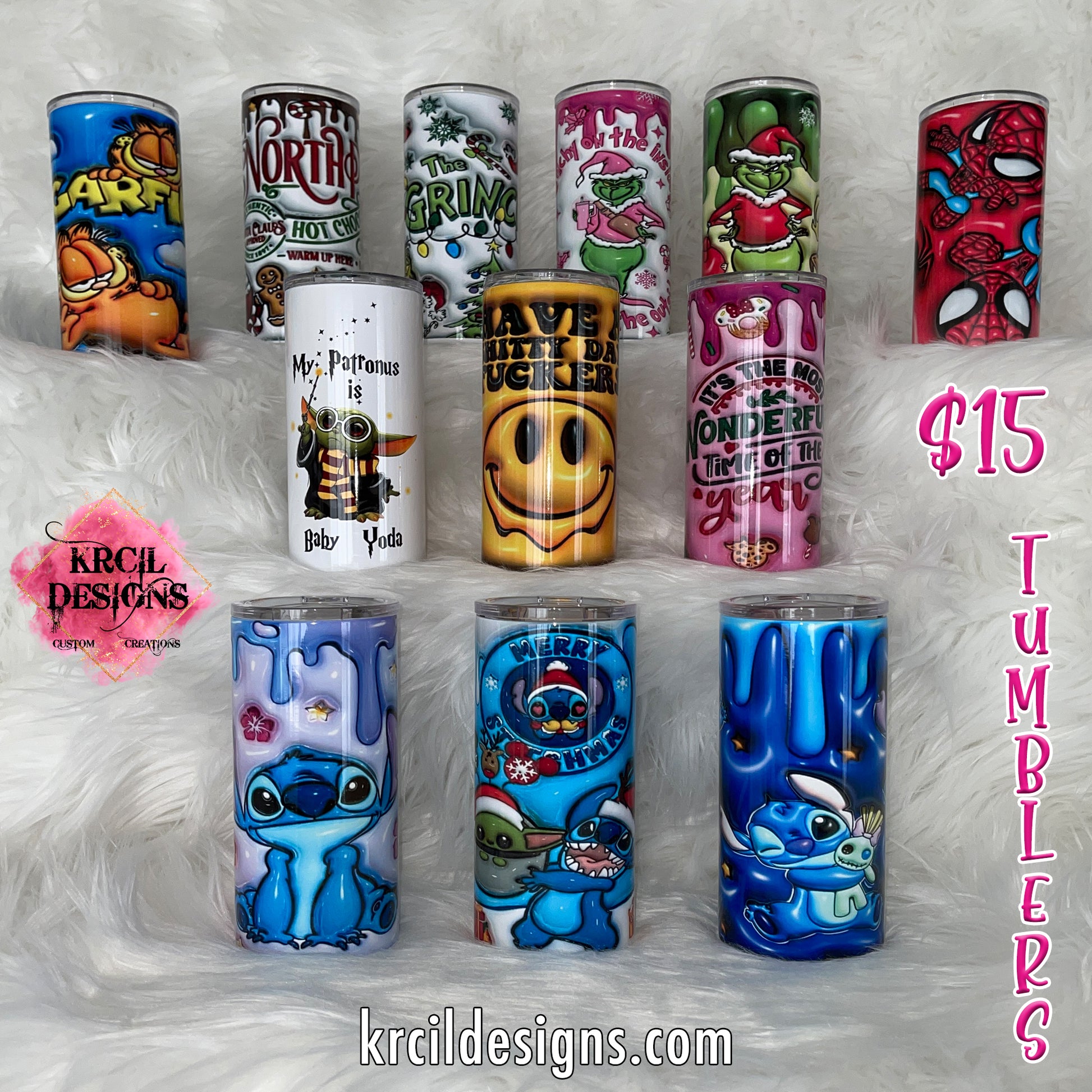 $15 12oz. Tumblers Cups Sale | Design Your Own Tumblers with Krcil Designs! | Let our custom tumblers do the talking with our collection of personalized tumblers with names to a photo tumbler, make a one-of-a-kind picture collage photo tumbler - the picture-perfect present! Brand your business with our custom logo tumbler they make great business promotional products. Insulated stainless steel tumbler cup include a plastic slide top lid and metal or plastic straw. Customize yours at KrcilDesigns.com