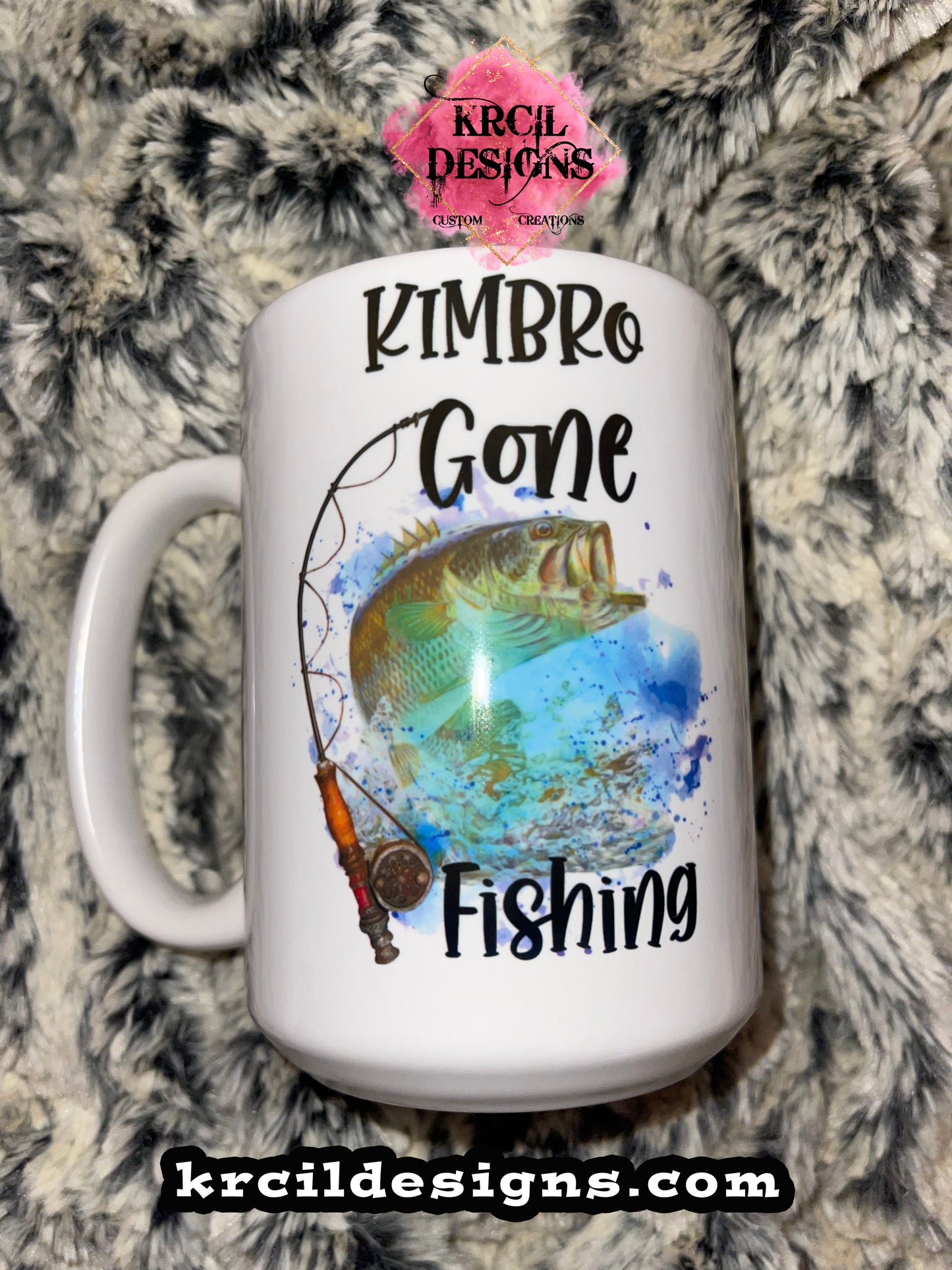 Custom Order Personalized Coffee Cup "KIMBRO GONE FISHING"  ~ 15oz. White Coffee Cup ~ CUSTOMIZE ME ~ YOU PICK ANY DESIGN, IMAGE, OR TEXT & WE MAKE IT! ~ Thank you for stopping by KRCIL DESIGNS! We hope you enjoy your stay! Happy Shopping! ~ KRCIL DESIGNS specializes in customization and personalization of apparel and drinkware items, creating unique one-of-a-kind personalized custom gifts. For your personal custom order visit us at krcildesigns.com