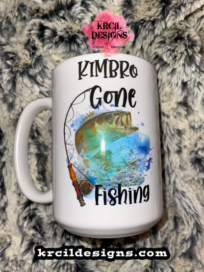 Custom Order Personalized Coffee Cup "KIMBRO GONE FISHING"  ~ 15oz. White Coffee Cup ~ CUSTOMIZE ME ~ YOU PICK ANY DESIGN, IMAGE, OR TEXT & WE MAKE IT! ~ Thank you for stopping by KRCIL DESIGNS! We hope you enjoy your stay! Happy Shopping! ~ KRCIL DESIGNS specializes in customization and personalization of apparel and drinkware items, creating unique one-of-a-kind personalized custom gifts. For your personal custom order visit us at krcildesigns.com