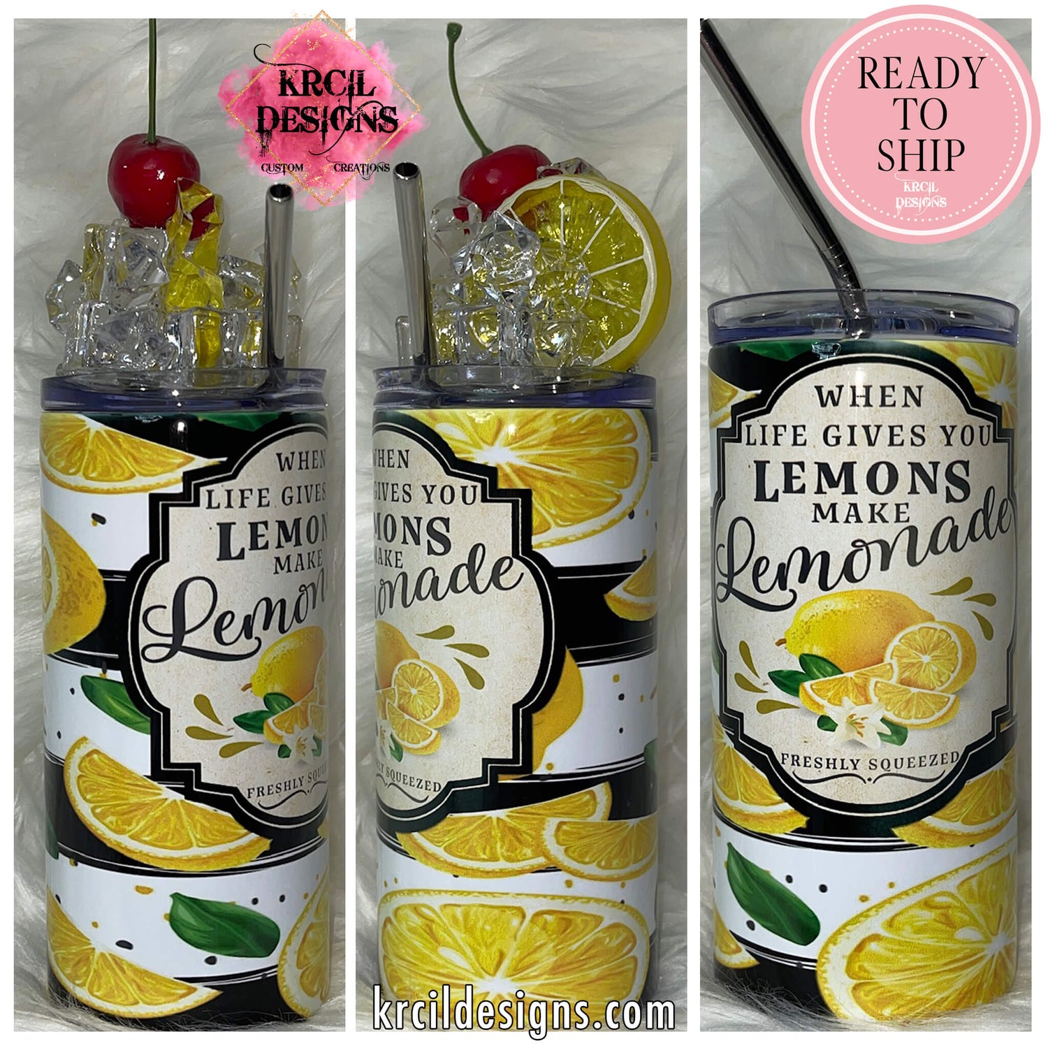 krcil designs 16oz lemon lemonade tumbler cup, features lemon slices, green leaves, and black stripes, text reads when life gives you lemons make lemonade and freshly squeezed, includes a custom removable 3d lemon slice and cherry topper on a clear lid, insulated stainless steel cup with slide top lid and straw, funny gifts, gillette wyoming