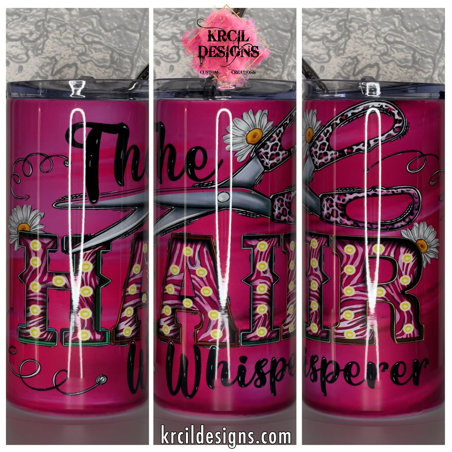 The Glamorous "Hair Whisperer" Personalized Tumbler by Krcil Designs | Featuring a pink backdrop and Hollywood bubble lights letters. | Let our custom tumblers do the talking with our collection of personalized tumblers. Personalize It - add name, monogram, picture collage photo tumbler - the picture-perfect present! For the ultimate gift, add a t-shirt, or accessorize with a custom tote bag. Insulated stainless steel tumblers include a plastic slide top lid and metal or plastic straw. KrcilDesigns.com