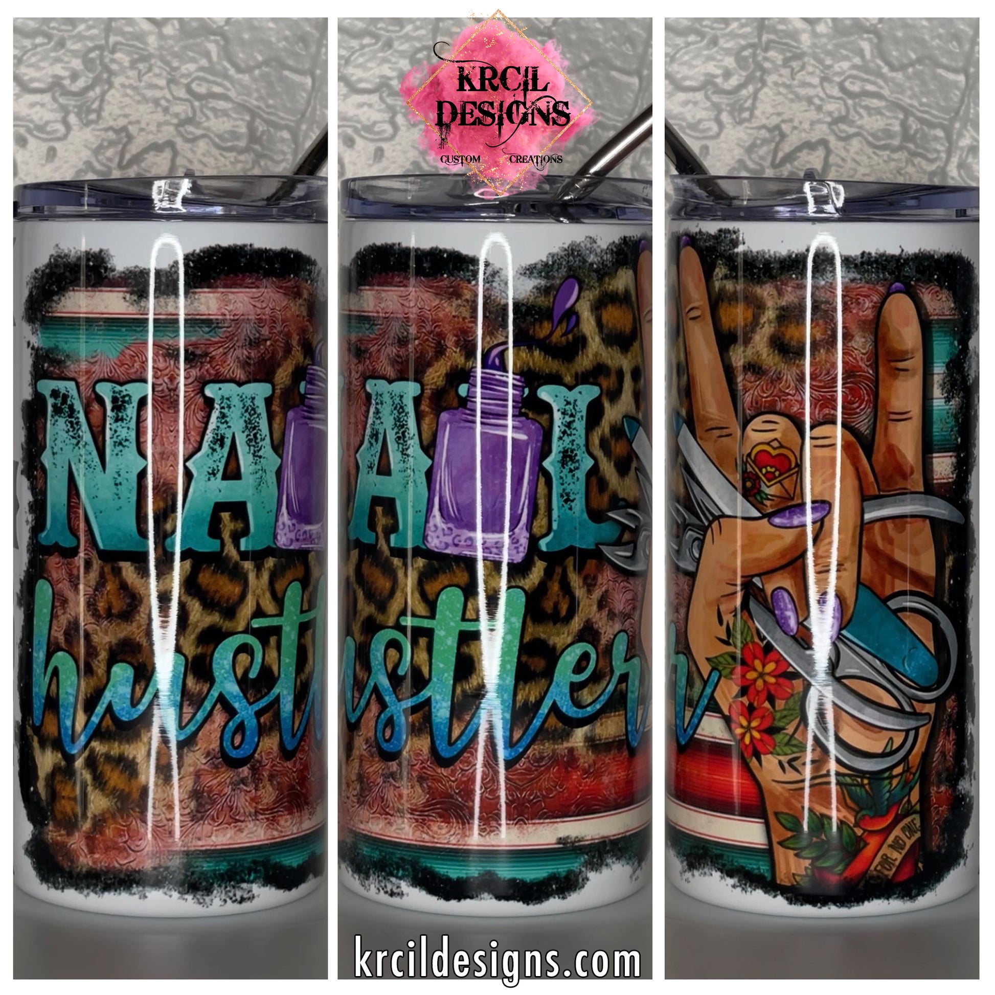 "Nail Hustler" Personalized Tumbler by Krcil Designs | For the nail tech that's a little bit country and a little bit rock 'n roll. | Let our custom tumblers do the talking with our collection of personalized tumblers. Personalize It - add name, monogram, picture collage photo tumbler - the picture-perfect present! For the ultimate gift, add a t-shirt, or accessorize with a custom tote bag. Insulated stainless steel tumblers include a plastic slide top lid and metal or plastic straw. KrcilDesigns.com